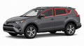 2013-2018 Toyota RAV4 with driver-side front door glass, driver-side rear door glass, small quarter glass, and back liftgate glass outlined in neon red showing precut tint kit coverage