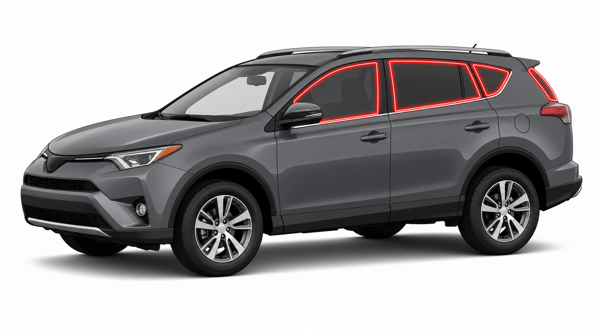 2013-2018 Toyota RAV4 with driver-side front door glass, driver-side rear door glass, small quarter glass, and back liftgate glass outlined in neon red showing precut tint kit coverage