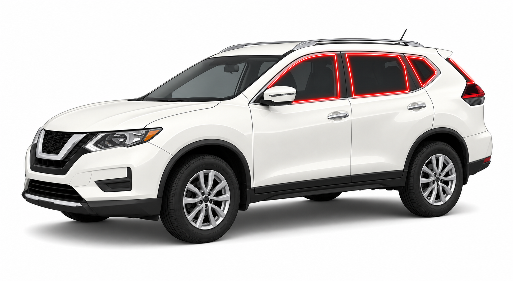 2013-2020 Nissan Rogue with driver-side front door glass, driver-side rear door glass, small quarter glass, and back liftgate glass outlined in neon red showing precut tint kit coverage