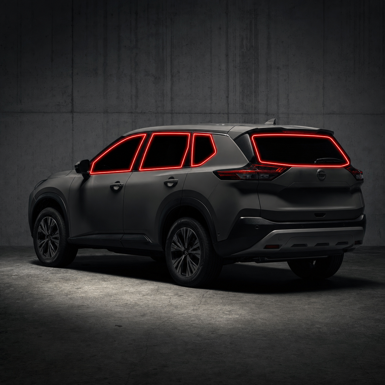 2021-2026 Nissan Rogue with front door, rear door, and back glass windows outlined in neon red showing precut tint kit coverage