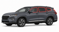 2019-2023 Hyundai Santa Fe with driver-side front door glass, driver-side rear door glass, small quarter glass, and back liftgate glass outlined in neon red showing precut tint kit coverage