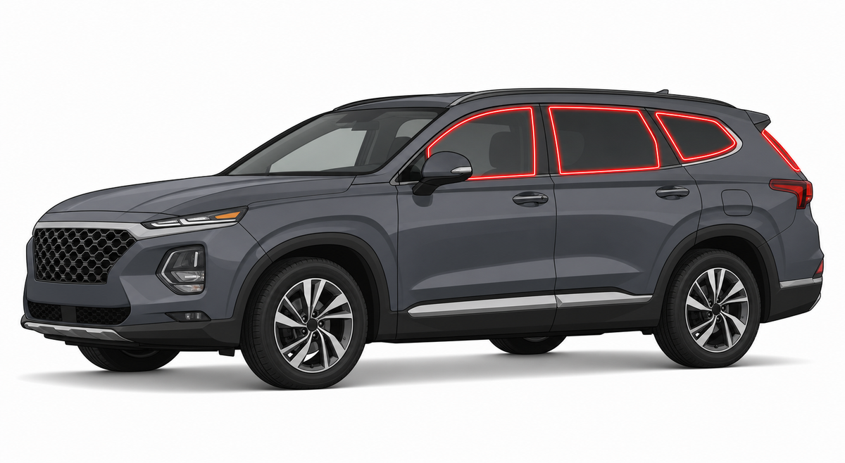 2019-2023 Hyundai Santa Fe with driver-side front door glass, driver-side rear door glass, small quarter glass, and back liftgate glass outlined in neon red showing precut tint kit coverage