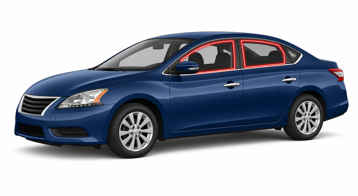 2013-2019 Nissan Sentra with driver-side front door glass, driver-side rear door glass, and back windshield outlined in neon red showing precut tint kit coverage