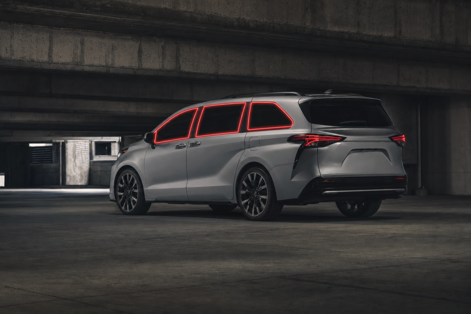 2021-2026 Toyota Sienna with front door, rear door, and rear cargo windows outlined in neon red showing precut tint kit coverage