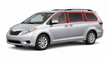 2011-2020 Toyota Sienna with driver-side front door glass, driver-side sliding door glass, small quarter glass, and back liftgate glass outlined in neon red showing precut tint kit coverage