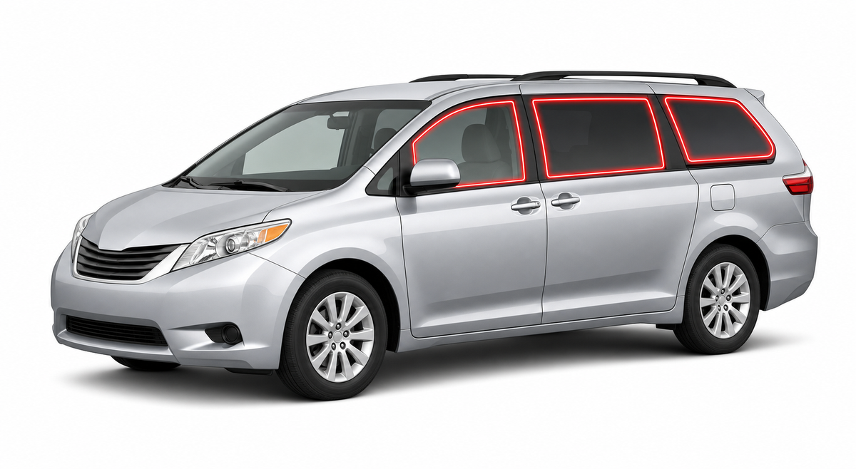 2011-2020 Toyota Sienna with driver-side front door glass, driver-side sliding door glass, small quarter glass, and back liftgate glass outlined in neon red showing precut tint kit coverage