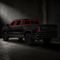 2019-2026 GMC Sierra 1500 Crew Cab with front door, rear door, and back glass windows outlined in neon red showing precut tint kit coverage