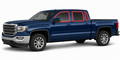 2014-2018 GMC Sierra 1500 with driver-side front door glass, driver-side rear door glass, and small rear-cab back glass outlined in neon red showing precut tint kit coverage