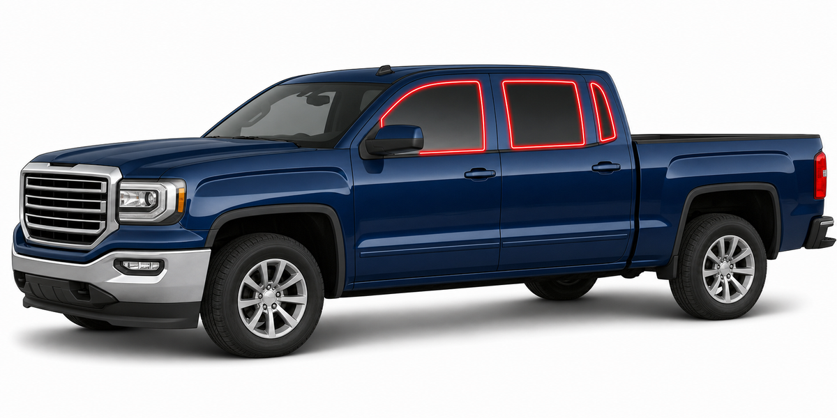 2014-2018 GMC Sierra 1500 with driver-side front door glass, driver-side rear door glass, and small rear-cab back glass outlined in neon red showing precut tint kit coverage
