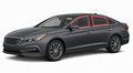 2015-2020 Hyundai Sonata with driver-side front door glass, driver-side rear door glass, and back windshield outlined in neon red showing precut tint kit coverage