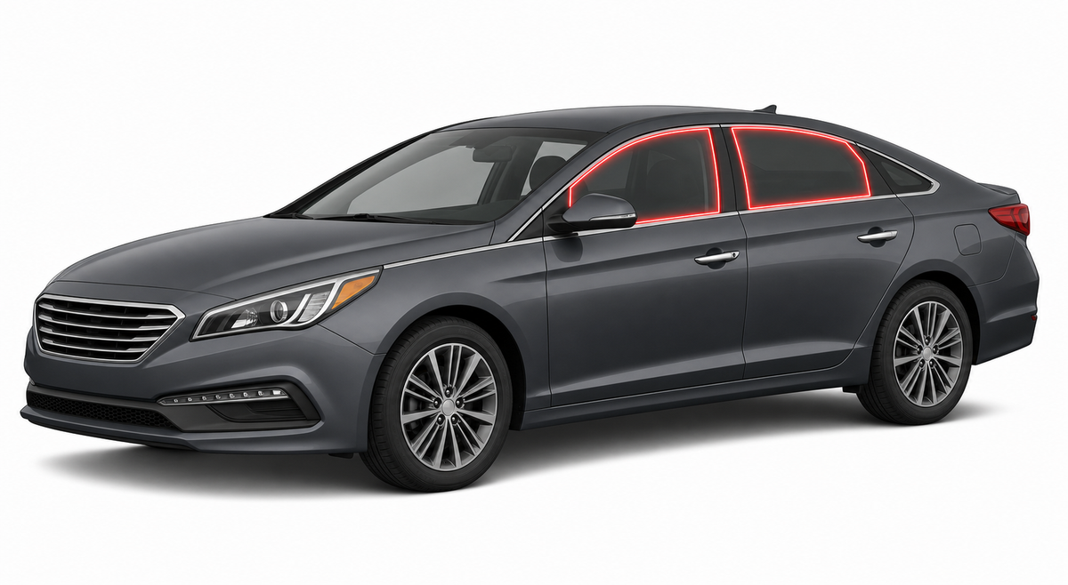 2015-2020 Hyundai Sonata with driver-side front door glass, driver-side rear door glass, and back windshield outlined in neon red showing precut tint kit coverage