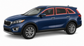 2016-2020 Kia Sorento with driver-side front door glass, driver-side rear door glass, small quarter glass, and back liftgate glass outlined in neon red showing precut tint kit coverage