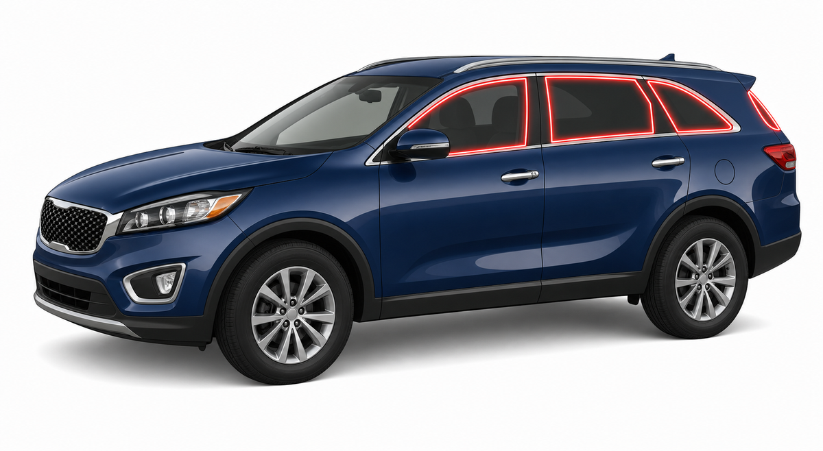 2016-2020 Kia Sorento with driver-side front door glass, driver-side rear door glass, small quarter glass, and back liftgate glass outlined in neon red showing precut tint kit coverage