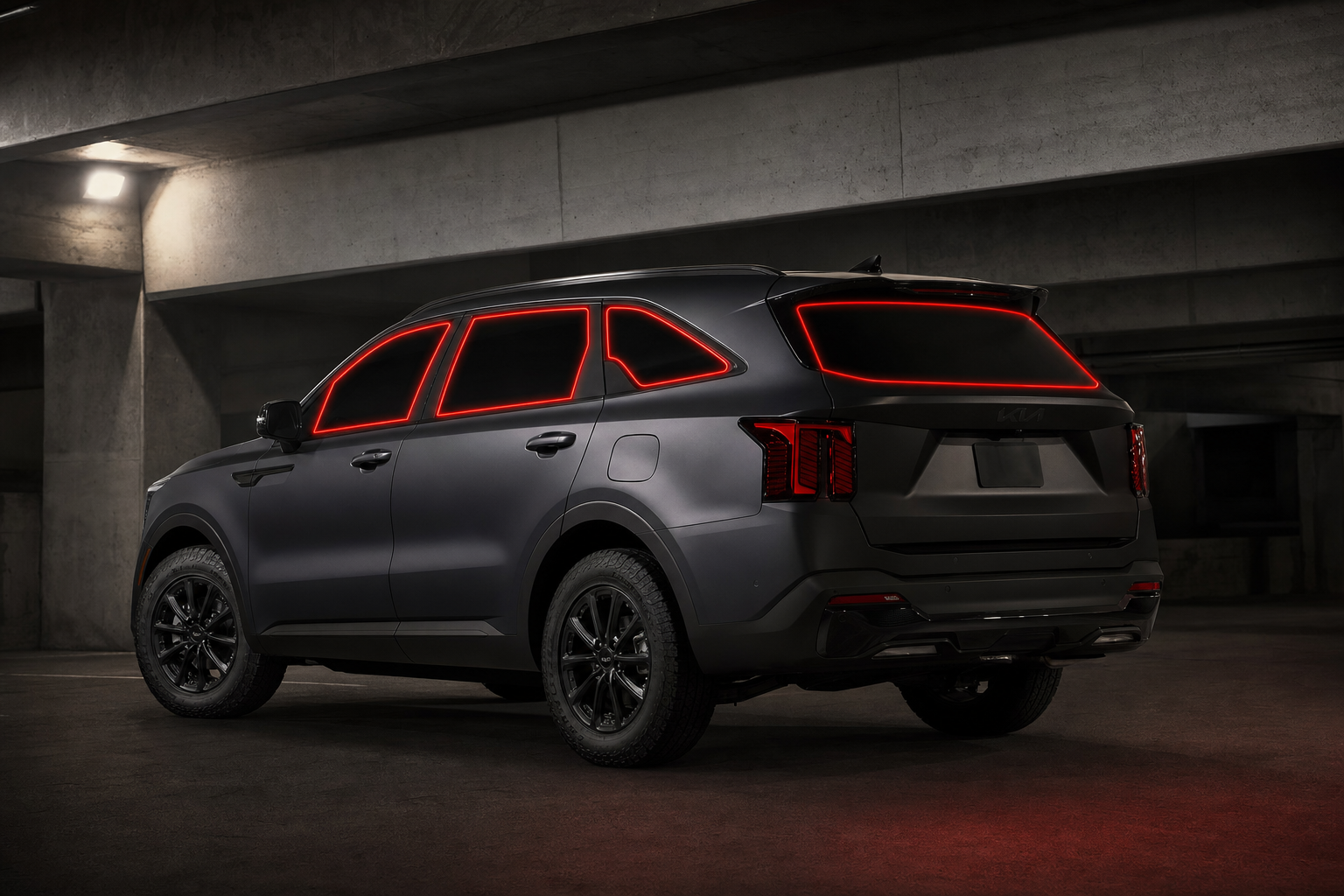 2021-2026 Kia Sorento with front door, rear door, and rear cargo windows outlined in neon red showing precut tint kit coverage