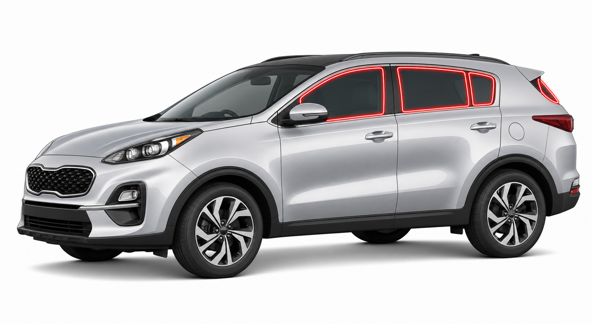 2017-2022 Kia Sportage with driver-side front door glass, driver-side rear door glass, small quarter glass, and back liftgate glass outlined in neon red showing precut tint kit coverage