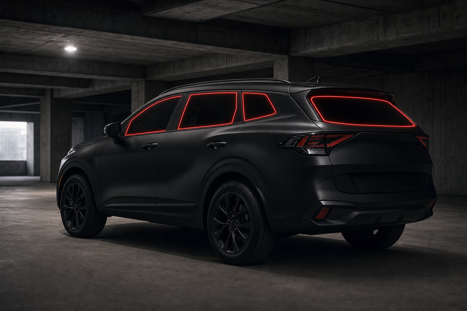2023-2026 Kia Sportage with front door, rear door, and rear cargo windows outlined in neon red showing precut tint kit coverage