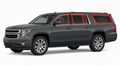 2015-2020 Chevrolet Suburban with driver-side front door glass, driver-side rear door glass, small quarter glass, and back liftgate glass outlined in neon red showing precut tint kit coverage