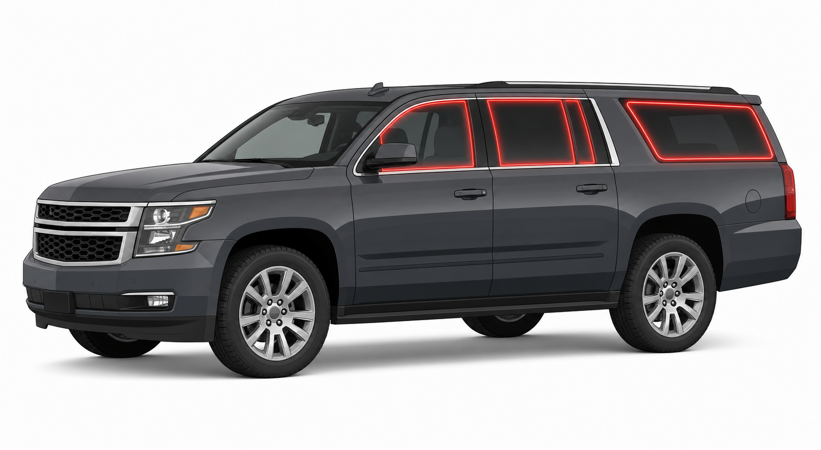 2015-2020 Chevrolet Suburban with driver-side front door glass, driver-side rear door glass, small quarter glass, and back liftgate glass outlined in neon red showing precut tint kit coverage