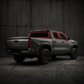 2024-2026 Toyota Tacoma Double Cab with front door, rear door, and back glass windows outlined in neon red showing precut tint kit coverage