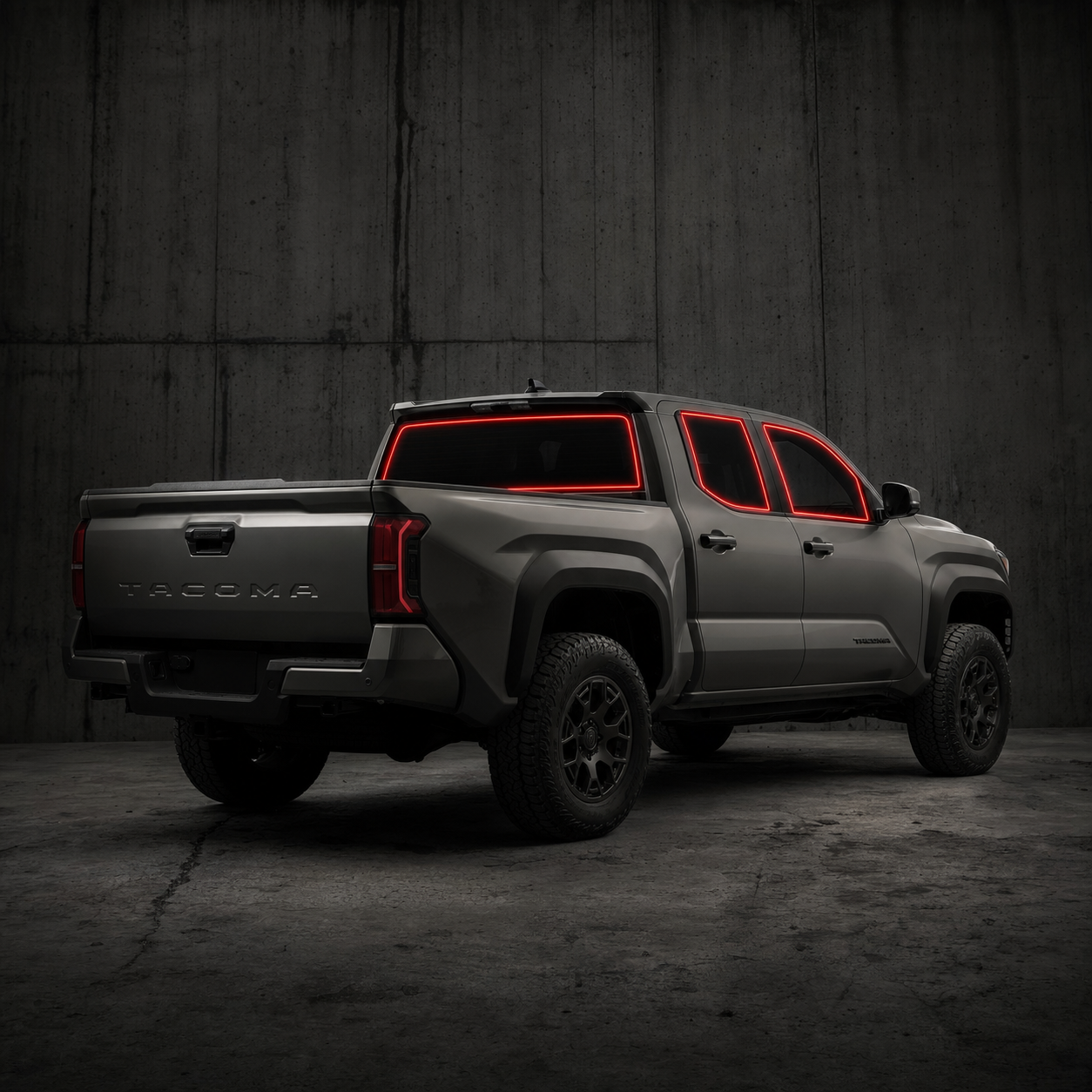 2024-2026 Toyota Tacoma Double Cab with front door, rear door, and back glass windows outlined in neon red showing precut tint kit coverage