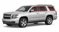 2015-2020 Chevrolet Tahoe with driver-side front door glass, driver-side rear door glass, small quarter glass, and back liftgate glass outlined in neon red showing precut tint kit coverage
