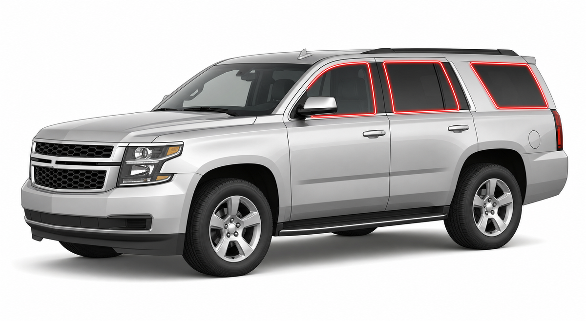 2015-2020 Chevrolet Tahoe with driver-side front door glass, driver-side rear door glass, small quarter glass, and back liftgate glass outlined in neon red showing precut tint kit coverage