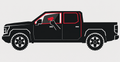 Window tint installation service - black pickup truck silhouette with red outlined windows and squeegee applying tint film