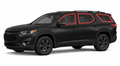 2018-2023 Chevrolet Traverse with driver-side front door glass, driver-side rear door glass, small quarter glass, and back liftgate glass outlined in neon red showing precut tint kit coverage