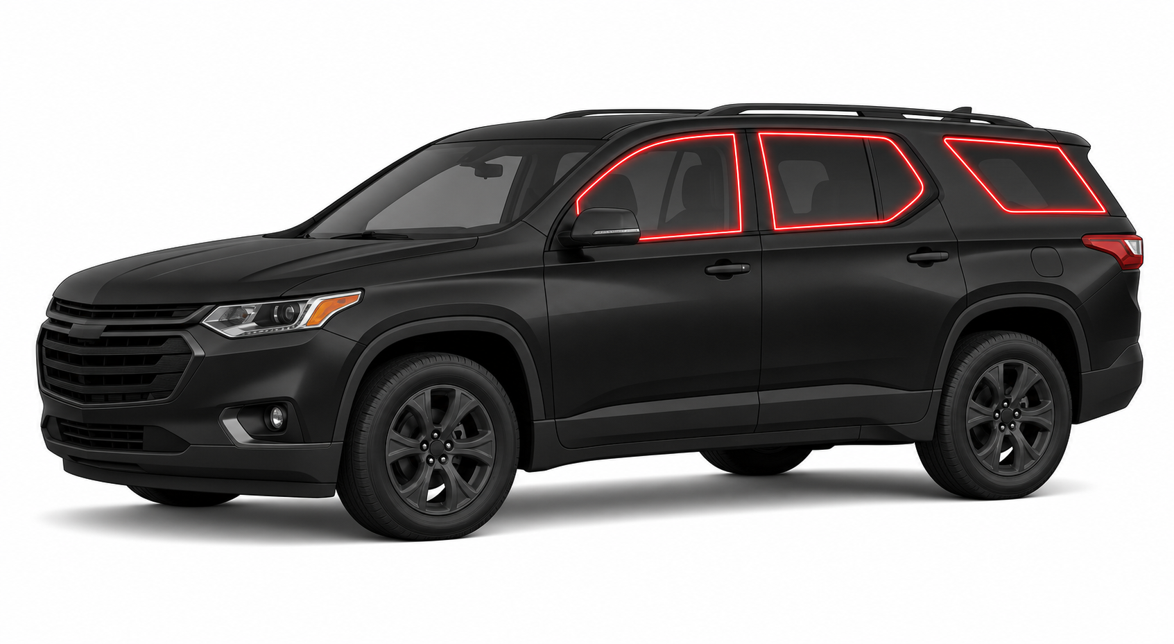 2018-2023 Chevrolet Traverse with driver-side front door glass, driver-side rear door glass, small quarter glass, and back liftgate glass outlined in neon red showing precut tint kit coverage