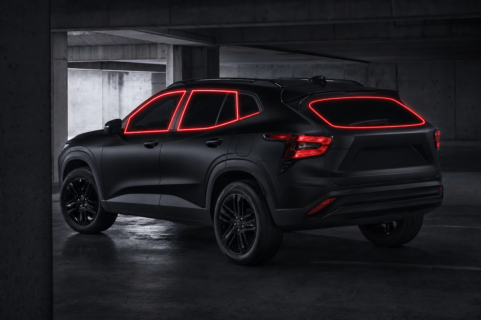 2024-2026 Chevrolet Trax with front door, rear door, and rear cargo windows outlined in neon red showing precut tint kit coverage