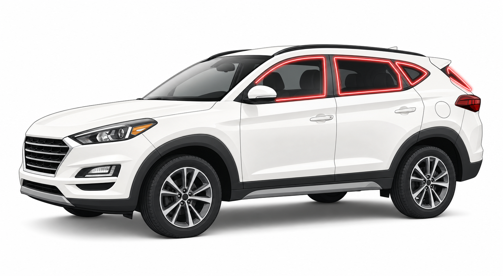 2016-2021 Hyundai Tucson with driver-side front door glass, driver-side rear door glass, small quarter glass, and back liftgate glass outlined in neon red showing precut tint kit coverage